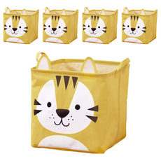 動物造型棉麻收納籃 內層防水塗層 可摺疊收納, 33 x 33 x 33cm, 老虎, 5個