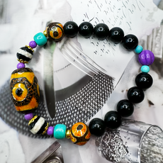 天珠造型手鍊 礦物材質, 天珠最大14mm + 兩側小的10mm + 彩曜珠8mm, 彩曜珠 + 黑色