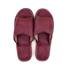 LIKEHOUSE 真皮頭層牛皮防滑軟底縫線裝飾室內拖鞋 LS06, 酒紅色, 1雙