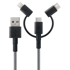 pqi 勁永 i-Cable Multi-Plug USB-Micro USB/Lightning/Type-C 三合一編織傳輸線 複合纖維耐重50KG, 180cm, 黑色 + 銀色, 1條