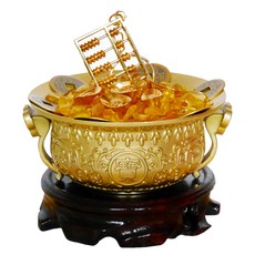 命運好好玩 李行 五路齊發黃銅聚寶盆 含金算盤 招財元寶 帝王銅錢 黃水晶, 黃銅色, 1個
