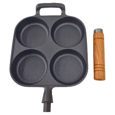小天下 無塗層不沾加深四孔鑄鐵煎蛋鍋 原生鐵 花梨木, 20cm, 1個