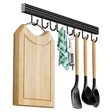 壁掛排鉤 太空鋁材質 烤漆工藝 可移動式 免打孔 釘牆 40cm 8鉤, 黑色, 1個