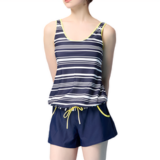 Summer Love 夏之戀 大女連身褲套裝 含泳帽 三片式剪裁泳衣 活動式罩杯, 藍色 + 白色