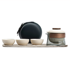 悠然 手抓壺旅行茶具組 陶瓷玻璃實木, 白色, 1組