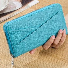 RFID真皮頭層牛皮女士拉鍊皮夾錢包長夾女夾 LH982 防掃描測試, 20 × 10.5 × 2.5cm, 淺藍