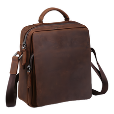 LIKEHOUSE 頭層瘋馬牛皮男士復古豎款肩背包 LB866, 咖啡色