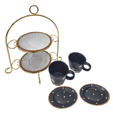 JUST HOME 圓點下午茶, 8.5吋盤21.5 x 2.5cm 2個 + 咖啡杯12.5 x 9.5 x 7cm 200ml 2個+ 盤16 x 1.5cm 2個 + 盤架30 x 22.5 x 32cm, 黑色, 1組