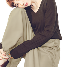 親膚V領彈性包芯紗修身上衣, F, 深棕色