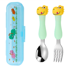 Jasmine’s Kitchen 小茉廚房 304不鏽鋼兒童學習輔食餐具套組, 1組, 湯匙 + 叉子 + 收納盒, 黃色恐龍