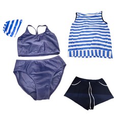 Summer love 夏之戀 大女泳裝套組 外搭上衣 + 短版上衣 + 三角泳褲 + 外搭褲 + 泳帽, 藍色條紋