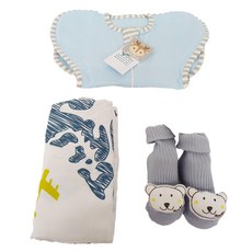Korideer可莉鹿 嬰兒禮盒組 彈力棉質嬰兒蝴蝶型 紗布包巾125 x 100cm + 包巾S(不開袖) 0~3個月 + 寶寶襪1~3歲, 淺藍色, 1盒