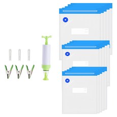 AHOYE 食物真空保鮮袋/食物密封袋 15個袋子+手動抽氣幫浦+密封滑扣+金屬密封夾 真空保鮮, 1組, 大 + 中 + 小, 22個