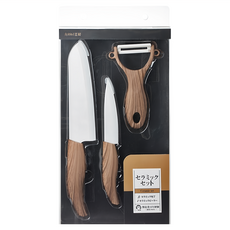SHIMOYAMA 日式仿木紋柄陶瓷刀具3件組, 1組, 三德刀 + 水果刀 + 多功能削皮器