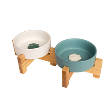Catfeet 腳ㄚ雙碗組 天然實木製碗架 密胺材質碗 碗架墊高保護頸椎, 藍色+白色, 1組
