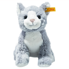 Steiff 德國金耳釦泰迪熊 Soft Cuddly Friends Cassie cat 黃標玩偶, 26cm, 灰白, 1入