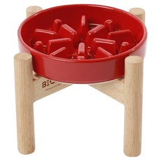PEHOM 慢食陶瓷碗/光(紅)(木架)s 寵物慢食碗 陶瓷材質易清洗 木架穩固支撐, 紅色, 1組