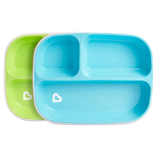 munchkin 滿趣健 防滑三格餐盤 2入, 圓滑邊緣設計,底部防滑矽膠圈,可微波加熱, 16 x 21cm, 綠色 + 藍色, 1組