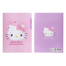 sun-star Hello Kitty 50週年 L型A5三夾層資料夾, 粉嫩腮紅, PP塑膠, 1個