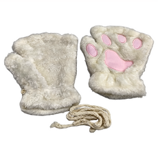 貓掌保暖手套，掛繩設計，柔軟舒適，可愛貓爪造型, 白色粉肉球, 不適用