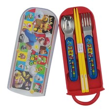 Skater 抗菌加工Ag+ 3件餐具組, 瑪利歐, 收納盒198 x 76 x 17mm + 筷子 + 湯匙 + 叉子, 1個