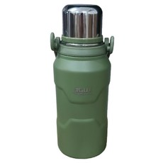 GGUJ 316不鏽鋼戶外保溫水壺 便攜背帶設計 杯蓋/直飲雙用, 軍綠色, 1個, 1200ml
