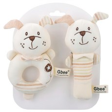 Gbee 搖鈴手抓棒 Set 嬰兒玩具 有機棉 0歲以上適用, 彩棉小狗 白色, 2個