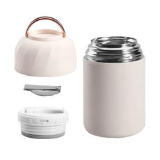 304不鏽鋼雙層真空保溫燜燒杯 附餐具 多用途 密封防漏, 白色, 1.05L, 1組