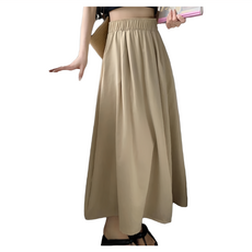 鬆緊腰褶皺A字長裙 有口袋, 腰寬32cm + 臀寬62cm + 裙擺寬95cm + 全長83cm, 卡其色