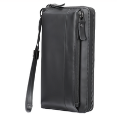 真皮頭層牛皮男士全開式拉鍊長夾皮夾 15張卡片位 6.7吋手機位, 長12 x 高21 x 厚4cm, 黑色