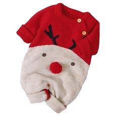 Kori Deer 可莉鹿 保暖聖誕麋鹿毛線針織長袖連身衣 可愛麋鹿造型 柔軟親膚, 100cm/18~24個月, 紅色