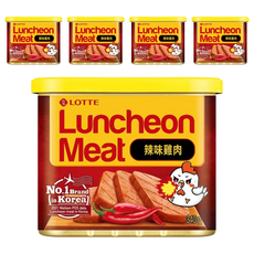 LOTTE 樂天 辣味雞肉午餐肉 韓國原裝進口 香辣夠味 質地軟嫩 煎炒煮炸皆宜, 340g, 5罐