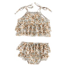 愛北鼻 ins女童泳衣 吊帶分體泳衣+泳褲+泳帽 100碼 建議90-100cm, 1入, 小橘子