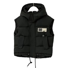 兒童秋冬羽絨棉背心, 連帽款, 尺碼100-150碼, 110碼, 黑色