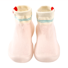 兒童款寬頭防滑透氣膠底學步鞋 高筒 柔軟鞋底襪口彈性不勒腳, 20~21(12.5cm), 粉白拚色