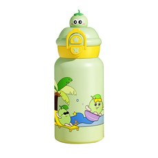 SUnORO 316不鏽鋼兒童保溫水壺/卡通背帶保溫杯/幼稚園吸管水杯 帶鎖扣,500ml,綠色, 1個