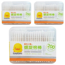 PiYOPiYO 黃色小鴨 螺旋棉棒，200支，長纖紙軸 柔軟舒適 不含螢光劑, 3盒