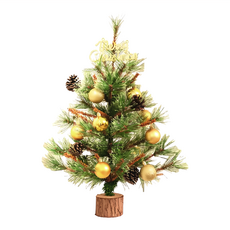 摩達客 耶誕高級開花黃枝松針原木底座聖誕樹 含金球松果配件+LED燈, 60cm, YS-GT232203