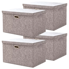 棉麻摺疊收納箱 [C064] 灰色/米色, 中(37 x 27 x 26cm), 4個