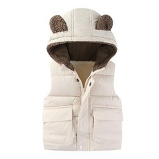 兒童款 秋冬羽絨熊耳朵背心外套，加絨，四色可選, 130, 乳白色