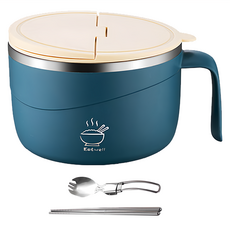 日式帶蓋304不鏽鋼大容量泡麵碗 附餐具 1.2L, 1個, 藍色