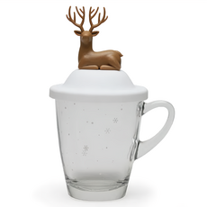 QUALy 森林鹿馬克杯 杯蓋 + 馬克杯 11.6 × 9.4 × 17.7cm 冬 300ml, 冬 棕色 + 白色, 1個