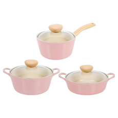 NEOFLAM Retro系列 陶瓷塗層鑄造湯鍋3件組, 粉紅色, 單柄湯鍋 18cm+雙耳湯鍋 18cm+22cm, 1組