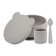 MiNiKOiOi 小美食家碗杯匙3件組, 吸盤碗12 x 6.5cm 300ml + 學習杯6.5 x 7cm 180ml + 湯匙13.2 x 2.7 x 1.6cm, 銀河灰, 1組