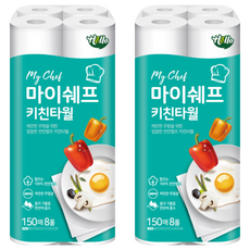Hello Products My chef 捲筒式廚房紙巾 100%無螢光紙漿, 150張, 8捲, 2袋