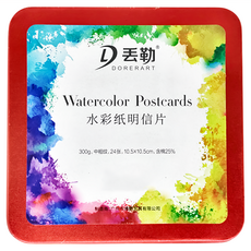 DORERART 丟勒 方形水彩紙明信片 300g 中粗紋 24張 10.5x10.5cm, 紅色鐵盒款
