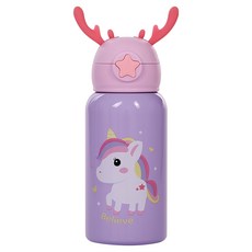 HIKARI 日光生活 可愛鹿角吸管保溫瓶 450ml 附保溫提袋, 顏色隨機, 1個
