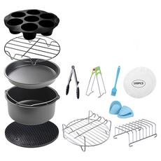 CAXXA 氣炸鍋配件超值12件組 通用7吋 黑色, 烘培紙100張, 蛋糕籃1個, ..., 1組, 烘培紙100張,蛋糕籃1個,蛋糕模具1個,披薩盤1個,隔熱墊1個,刷子1個,隔熱手套1雙,麵包架1個,夾子2個,烤架1個,蒸架1個