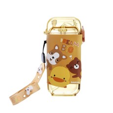 PiYOPiYO 黃色小鴨 Tritan動物樂園吸管杯, 防噴設計, 彈跳杯蓋, 3D立體矽膠保護套, 附加寬揹帶, 棕色, 280ml, 1個