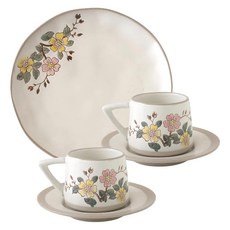 JUST HOME 芸語手繪陶瓷杯盤5件午茶組, 復古手感, 浮雕花系紋路, 杯2個 + 盤2個 + 平盤1個, 5742-10, 1組